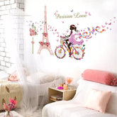 Romantic Paris Wall Sticker For Kids Rooms Eiffel Tower Flower Butterfly Fairy Girl Riding Art Decal Home Decor Mural