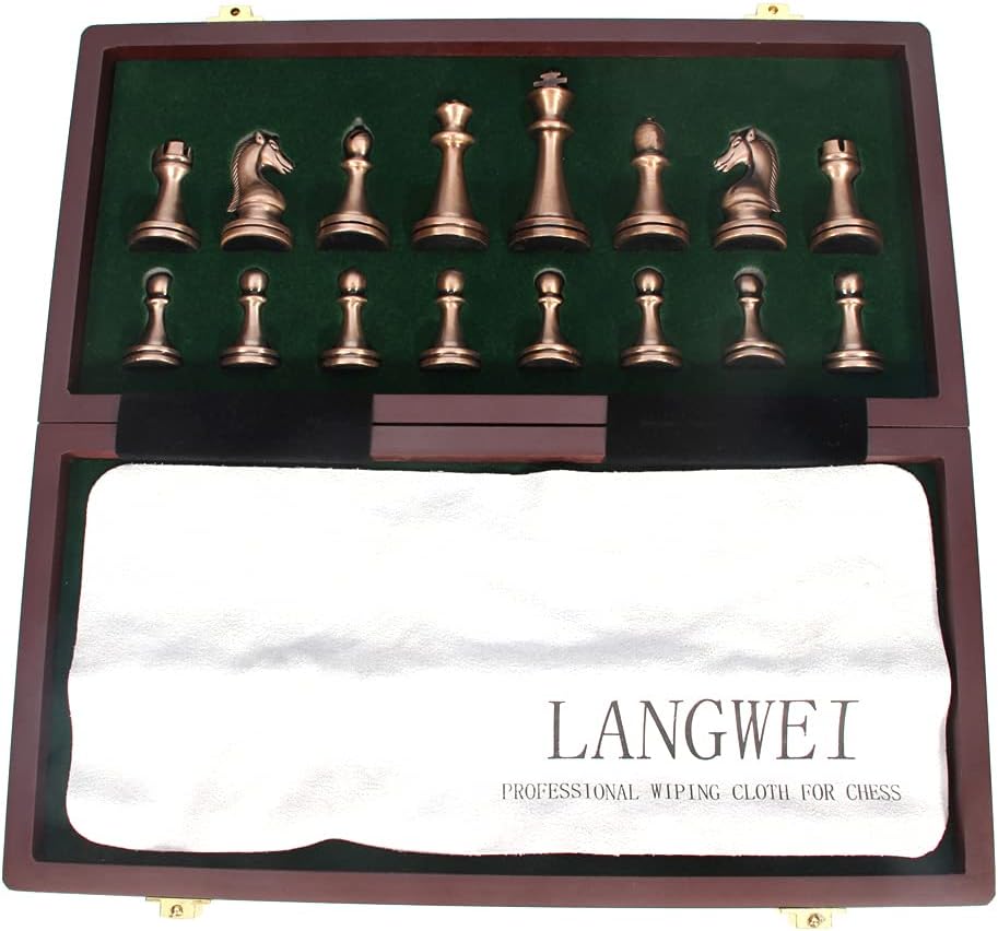 كبيرة معدنية فاخرة الشطرنج الرجعية النحاس مطلي سبائك الشطرنج الكبار مجموعة مجلس لعبة صندوق تخزين خشبي قابل للطي مجموعة الشطرنج، من ال اي ان جي دبليو اي اي، اديوكيشنال