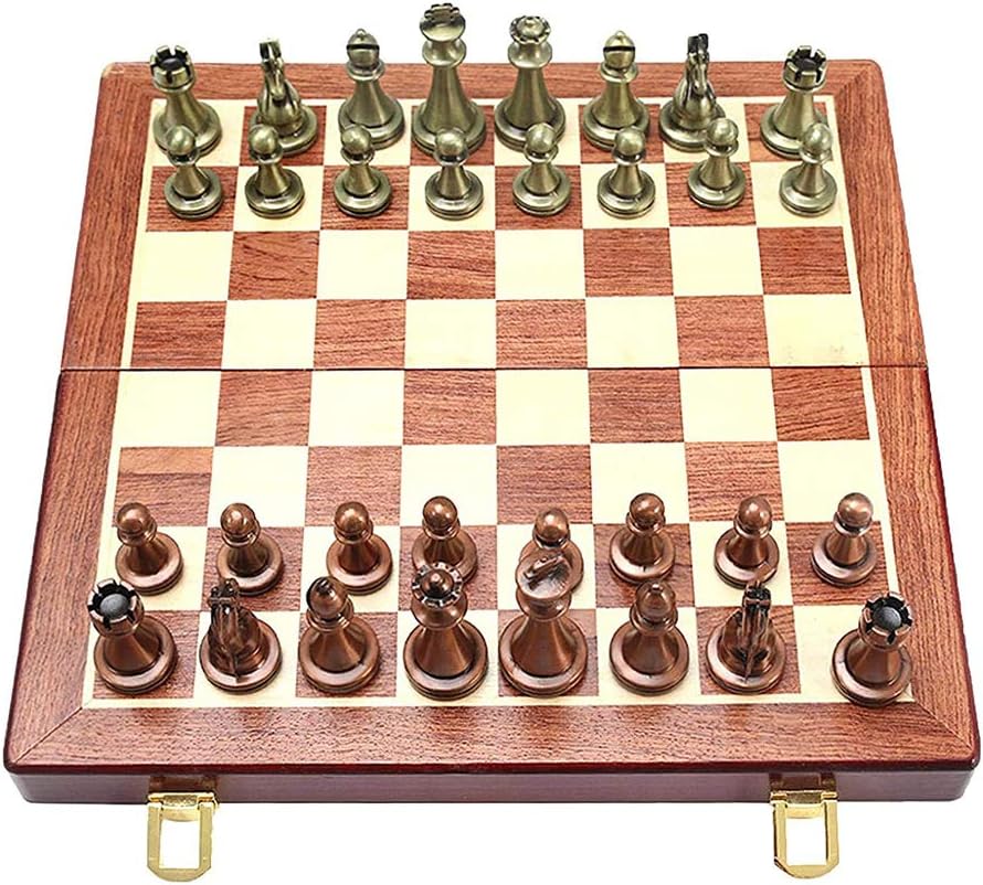 كبيرة معدنية فاخرة الشطرنج الرجعية النحاس مطلي سبائك الشطرنج الكبار مجموعة مجلس لعبة صندوق تخزين خشبي قابل للطي مجموعة الشطرنج، من ال اي ان جي دبليو اي اي، اديوكيشنال