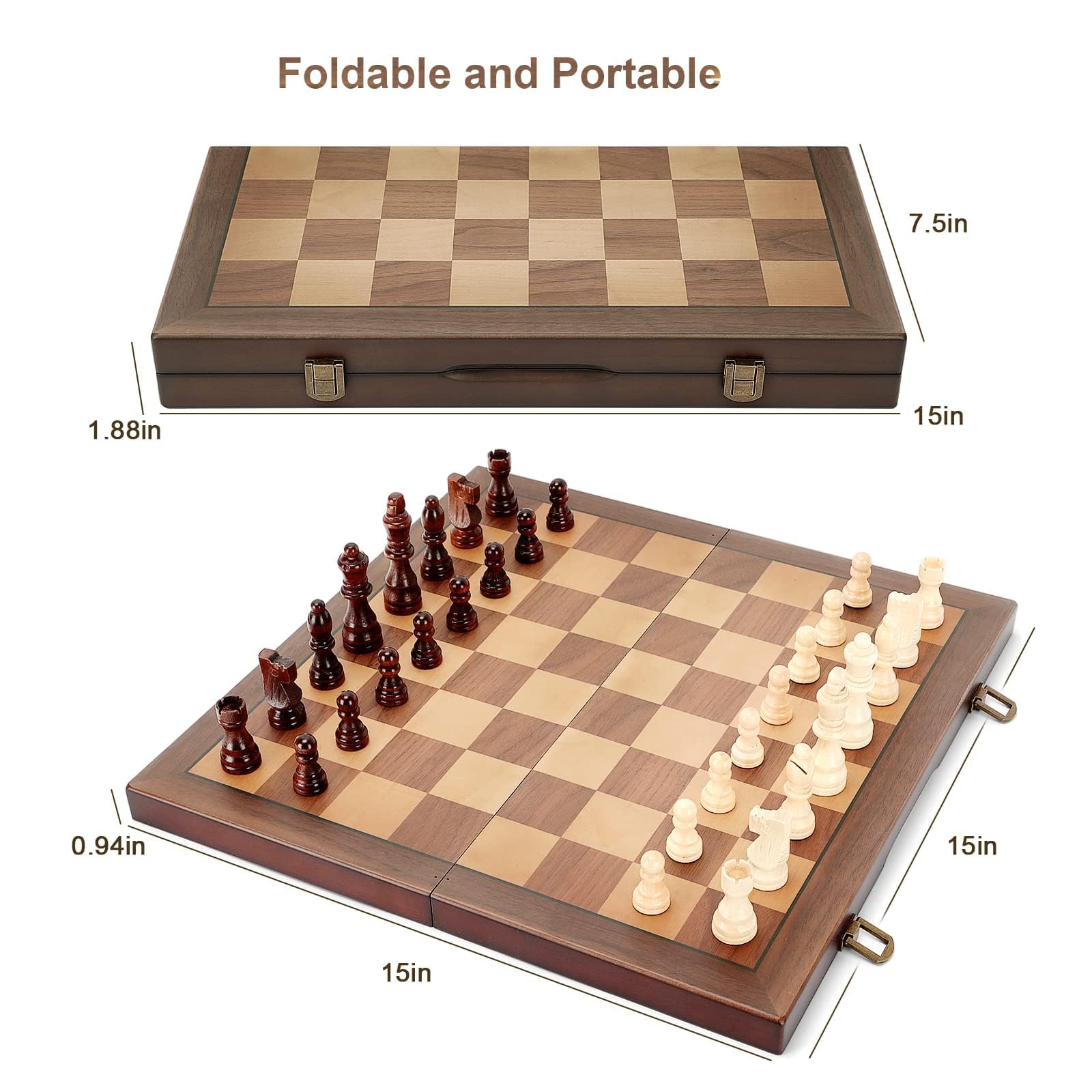 مجموعة لوح شطرنج خشبي مغناطيسي من هورداوس، لوح شطرنج قابل للطي مقاس 15 انش، لعبة شطرنج محمولة للسفر للاطفال والكبار والمبتدئين المحترفين، شطرنج فاخر، تصميم فريد