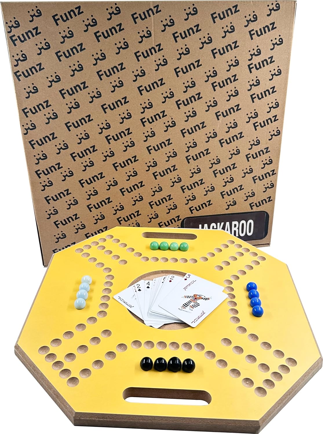 لعبة لوحية خشبية جاكارو، لـ 4 لاعبين مع كرات زجاجية وبطاقات، مقاس 39 × 39 سم، بلون بني، (استخدام باللغة الإنجليزية)، من فنز
