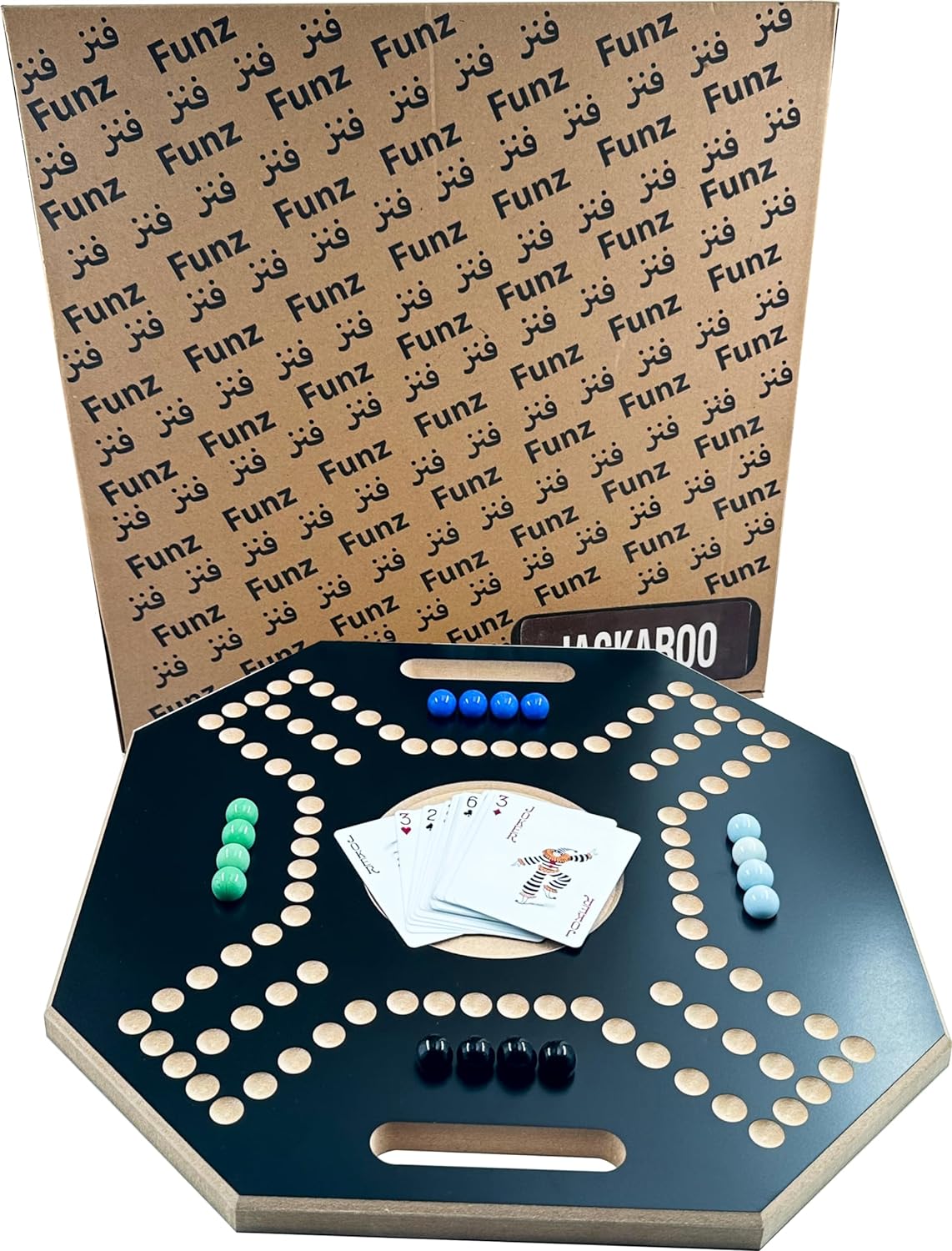 لعبة لوحية خشبية جاكارو، لـ 4 لاعبين مع كرات زجاجية وبطاقات، مقاس 39 × 39 سم، بلون بني، (استخدام باللغة الإنجليزية)، من فنز