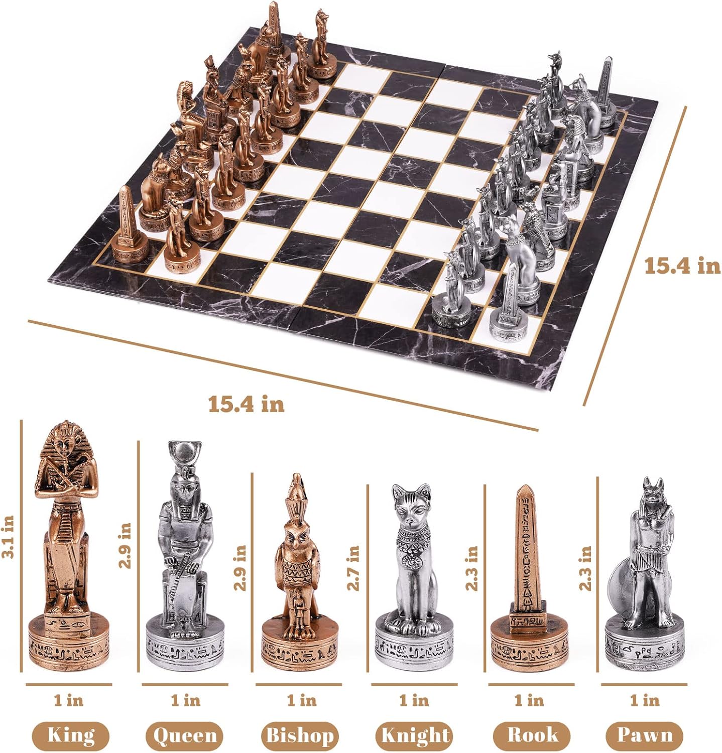 مجموعة شطرنج على الطراز المصري مقاس 15 انش للبالغين ولوح شطرنج من الورق المقوى كبير قابل للطي، قطع شطرنج ثلاثية الابعاد من الراتنج وفتحات تخزين، لاعبين، من اجيرلجل