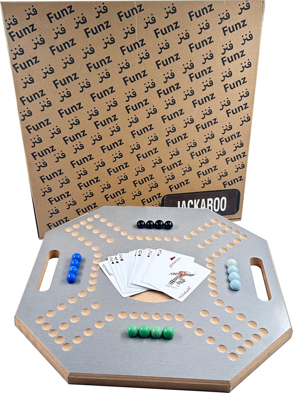 لعبة لوحية خشبية جاكارو، لـ 4 لاعبين مع كرات زجاجية وبطاقات، مقاس 39 × 39 سم، بلون بني، (استخدام باللغة الإنجليزية)، من فنز