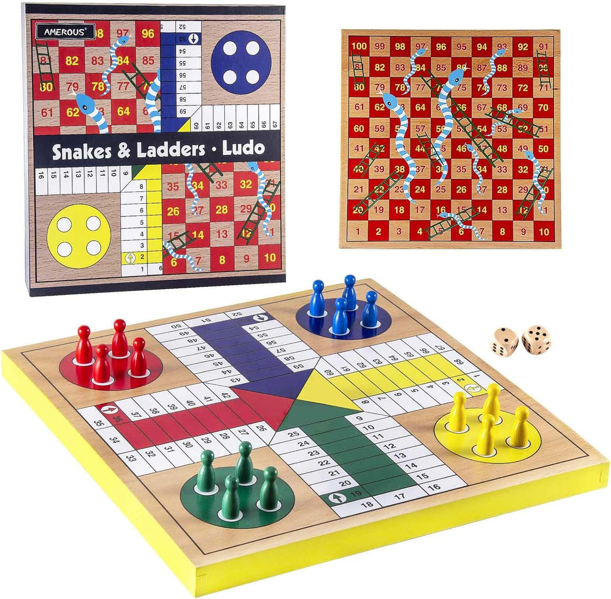 AMEROUS 12 بوصة لعبة لوح خشبي Ludo - ثعابين وسلالم ، 2 في 1 قابلة للعكس ، 1-4 لاعبين مجموعة ألعاب النرد العائلية للأطفال ، الكبار ، نسخة كلاسيكية على سطح الطاولة (معبأة في صندوق هدايا)، حيوانات