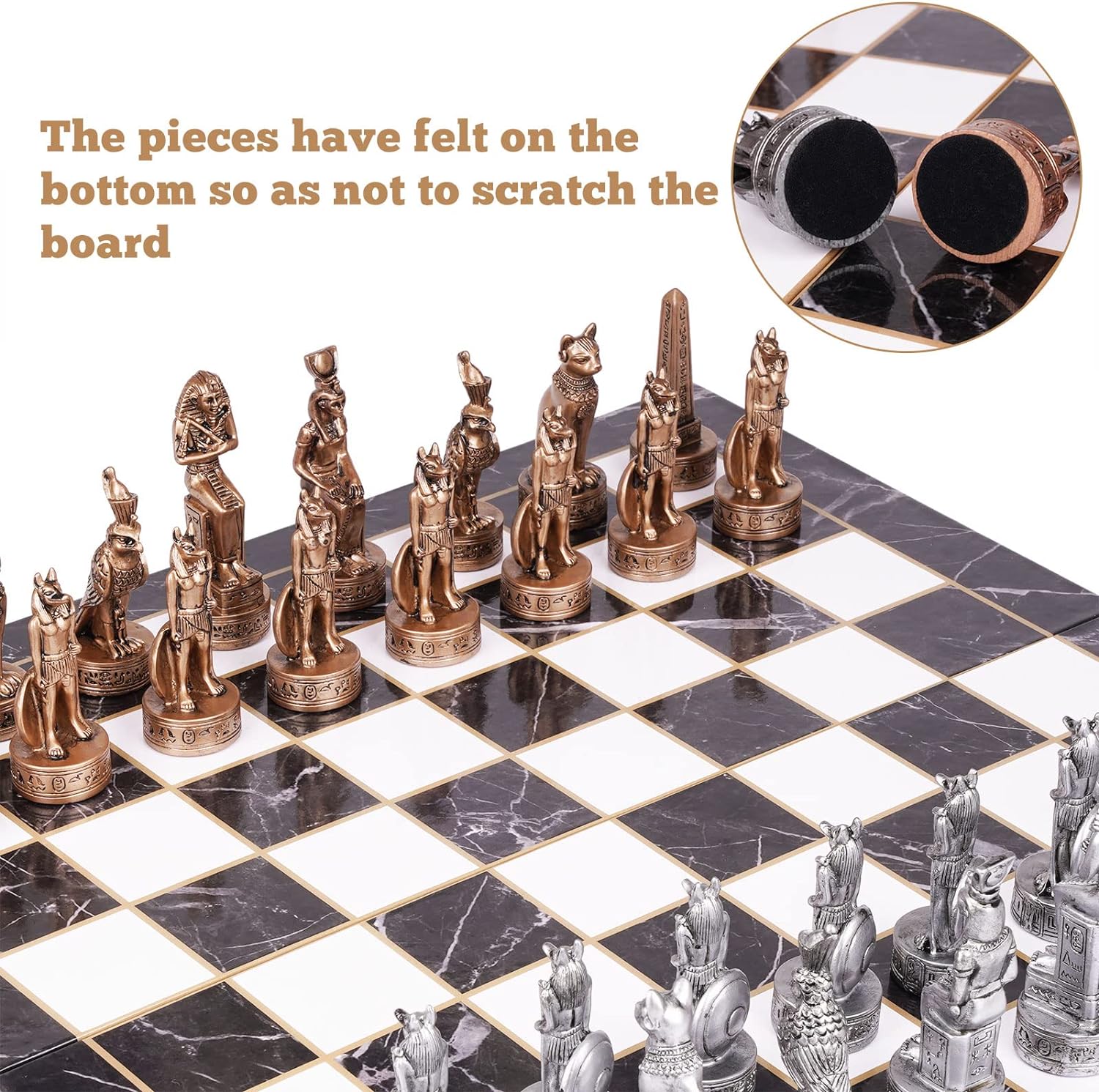 مجموعة شطرنج على الطراز المصري مقاس 15 انش للبالغين ولوح شطرنج من الورق المقوى كبير قابل للطي، قطع شطرنج ثلاثية الابعاد من الراتنج وفتحات تخزين، لاعبين، من اجيرلجل