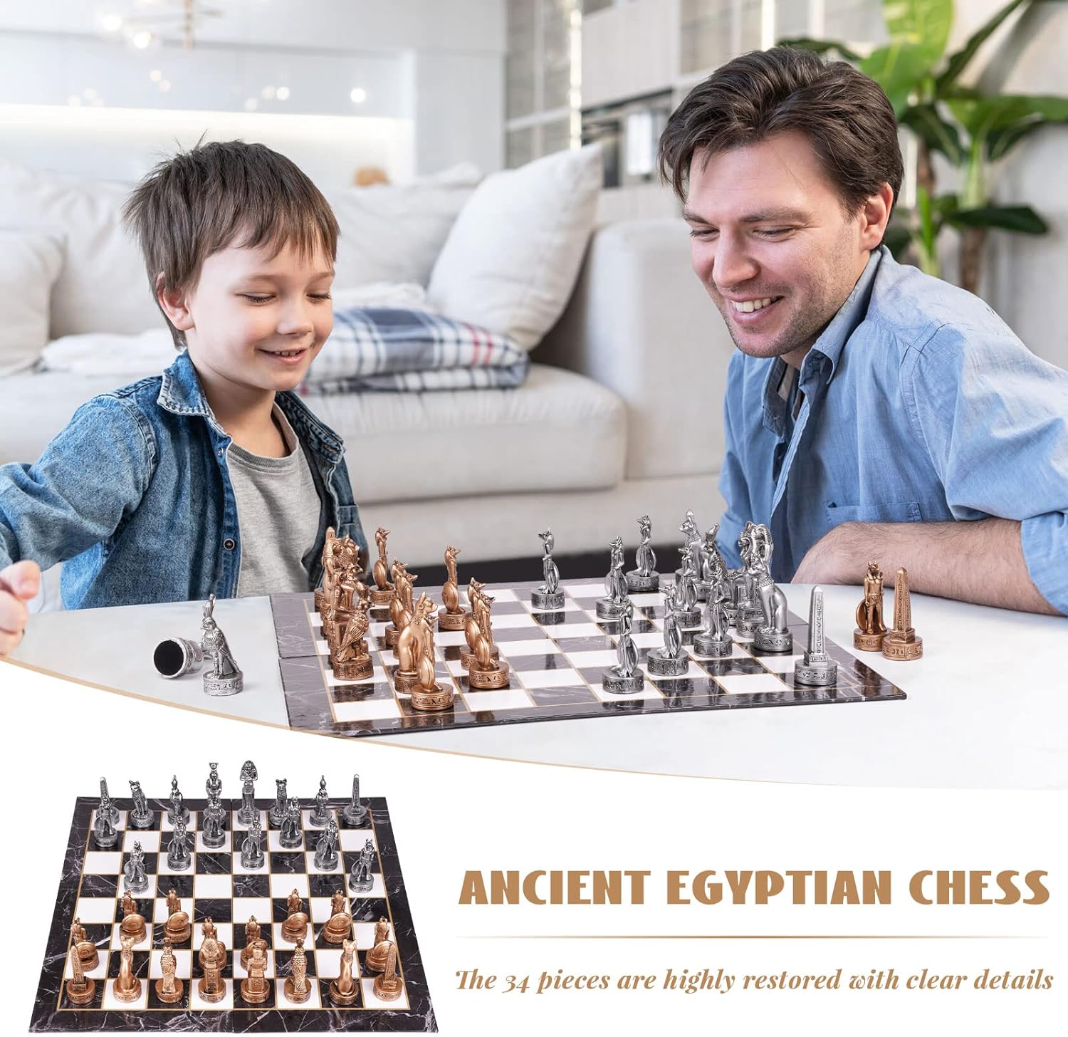 مجموعة شطرنج على الطراز المصري مقاس 15 انش للبالغين ولوح شطرنج من الورق المقوى كبير قابل للطي، قطع شطرنج ثلاثية الابعاد من الراتنج وفتحات تخزين، لاعبين، من اجيرلجل