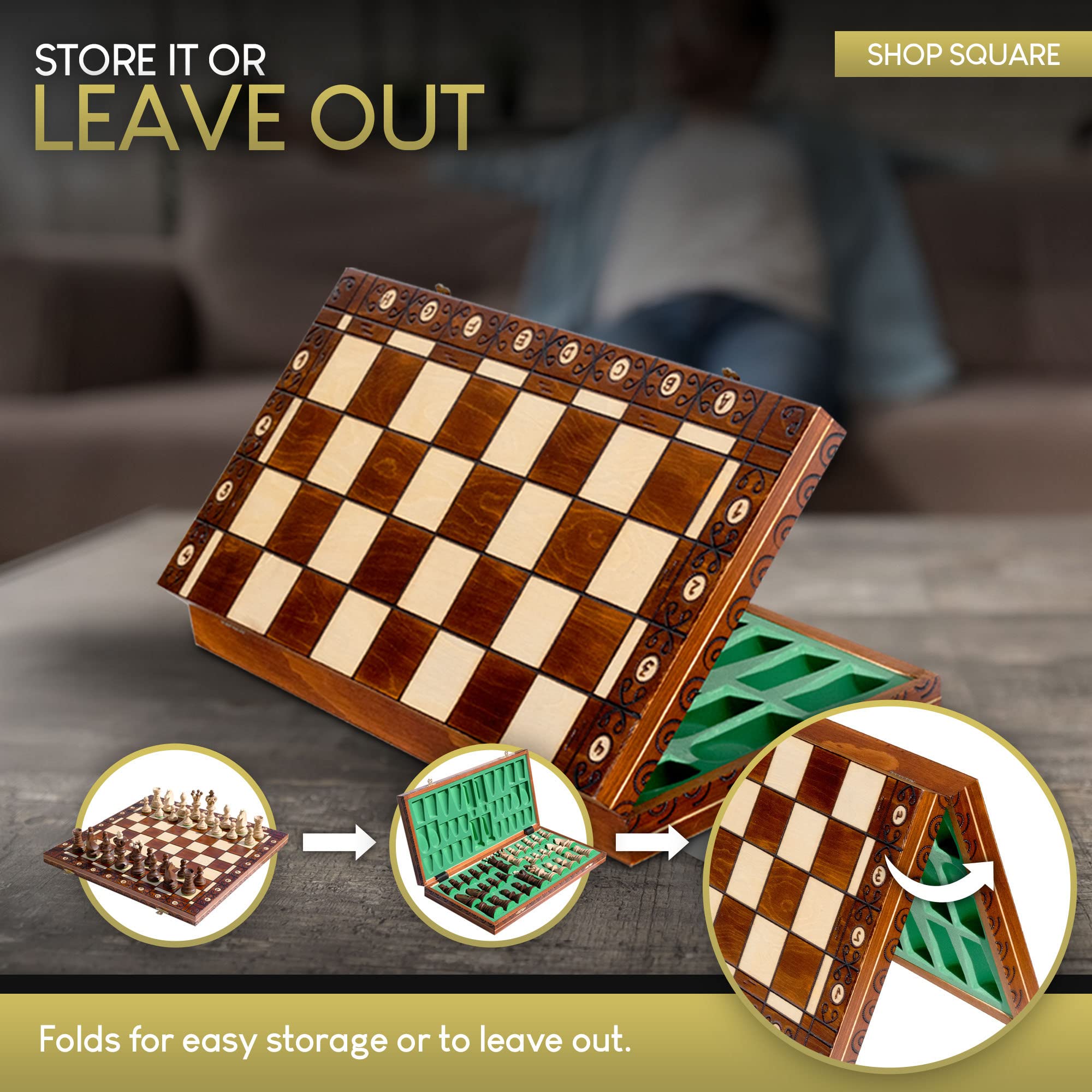 طقم شطرنج أمباسادور أوروبي مصنوع يدوياً من ويجيل - لوح خشب من خشب الزان والبتولا مقاس 21 بوصة مع قاعدة من اللباد - قطع شطرنج خشبية منحوتة وخشب سيكامور - حجرة داخل اللوحة لتخزين كل قطعة، 14 سنة فما فوق