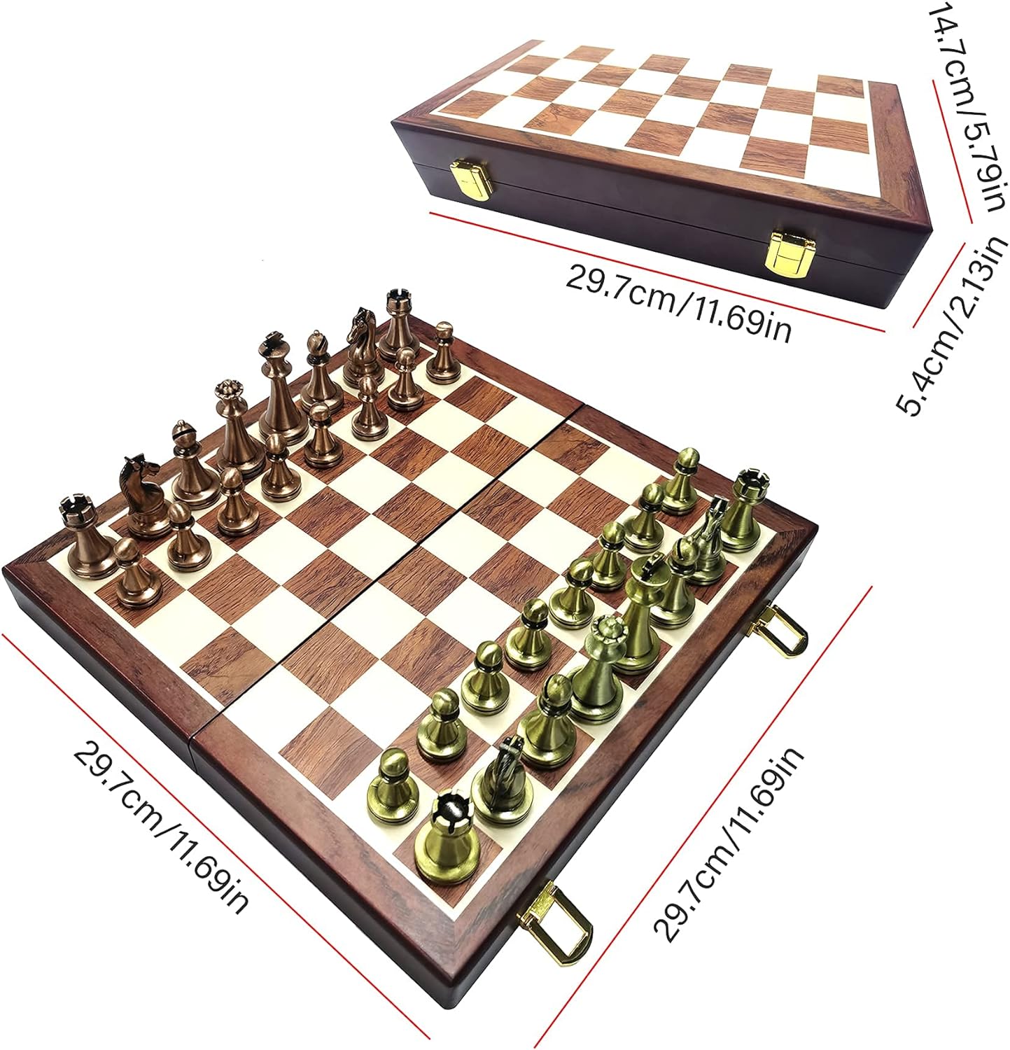 كبيرة معدنية فاخرة الشطرنج الرجعية النحاس مطلي سبائك الشطرنج الكبار مجموعة مجلس لعبة صندوق تخزين خشبي قابل للطي مجموعة الشطرنج، من ال اي ان جي دبليو اي اي، اديوكيشنال