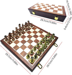 كبيرة معدنية فاخرة الشطرنج الرجعية النحاس مطلي سبائك الشطرنج الكبار مجموعة مجلس لعبة صندوق تخزين خشبي قابل للطي مجموعة الشطرنج، من ال اي ان جي دبليو اي اي، اديوكيشنال