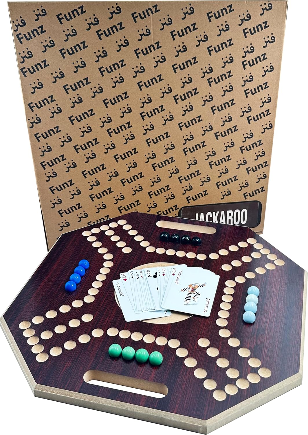 لعبة لوحية خشبية جاكارو، لـ 4 لاعبين مع كرات زجاجية وبطاقات، مقاس 39 × 39 سم، بلون بني، (استخدام باللغة الإنجليزية)، من فنز