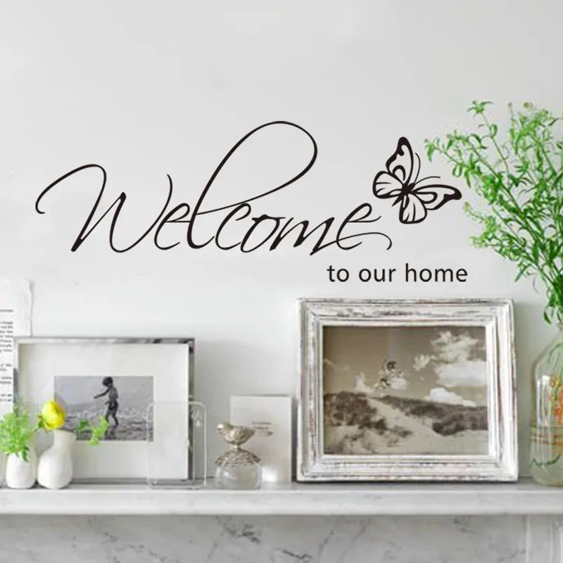 Welcome To Our Home' Text Patterns Wall Sticker Home Decor Living Room Decals Wallpaper Bedroom Decorative Butterfly Stickers