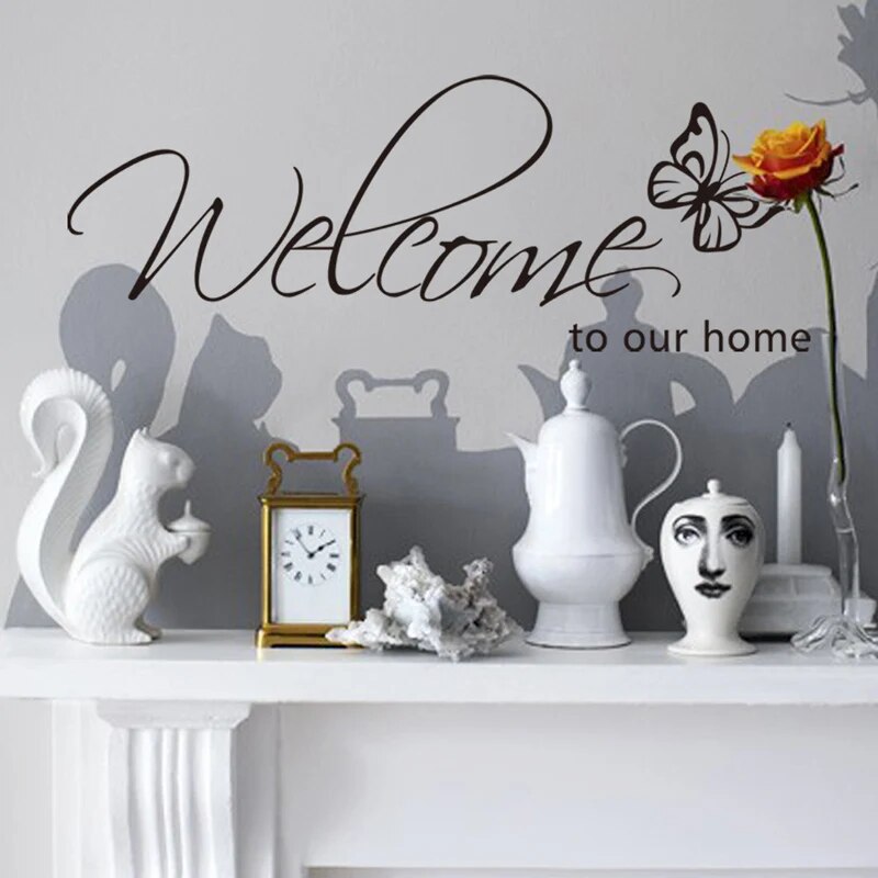 Welcome To Our Home' Text Patterns Wall Sticker Home Decor Living Room Decals Wallpaper Bedroom Decorative Butterfly Stickers