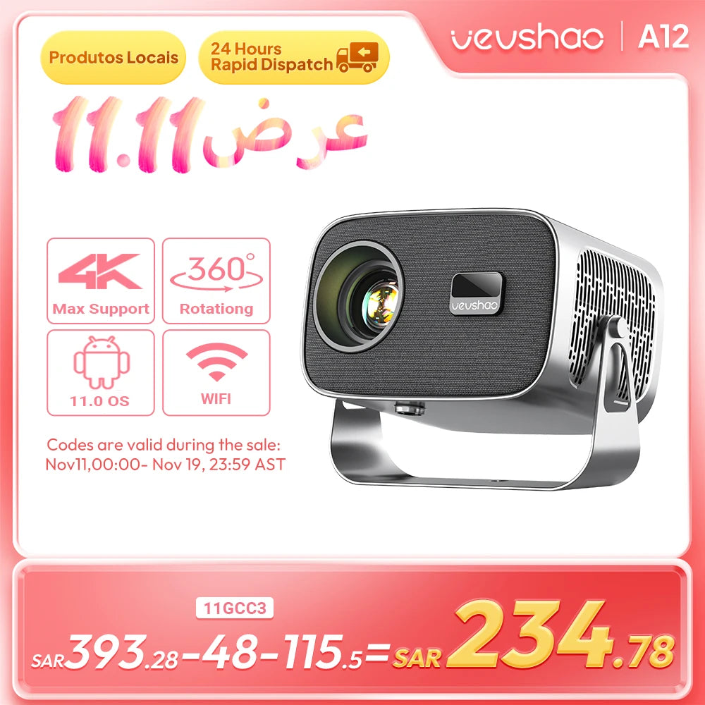 VEVSHAO A12 Projector Mini Portable  LED Video Android 13.0 WIFI 6 Mirror SmartPhone for 1080P 4K Video Home Cinema Projector