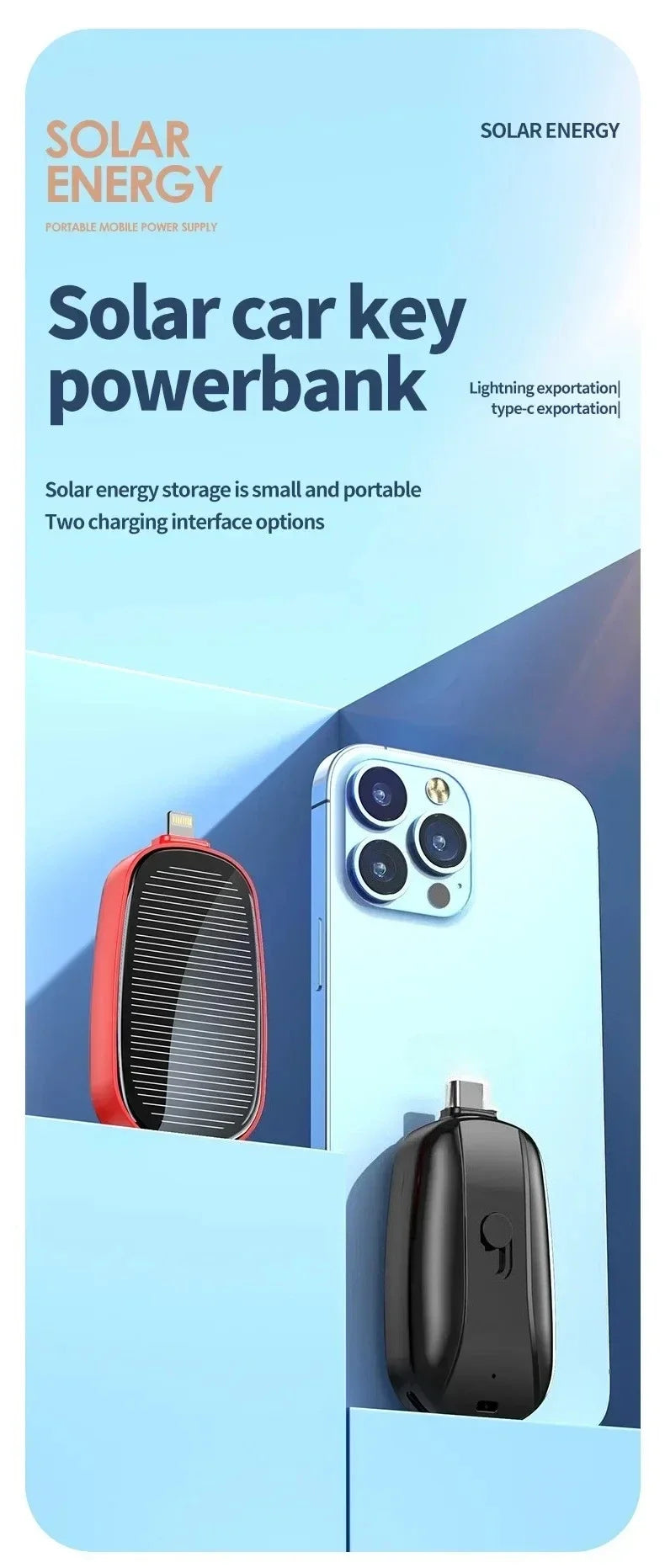 Solar Power Bank Mini Key Ring Portable Charger 1200mAh Outdoor Camping External Battery Emergent Power Cargador Portátil 보조배터리