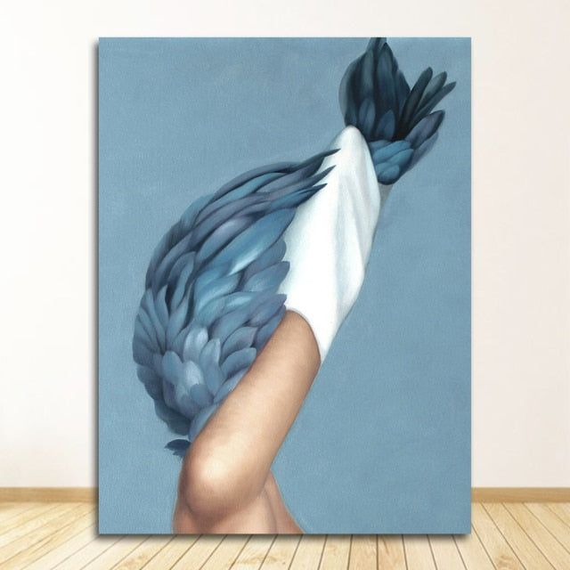 Flowers Feathers Woman Abstract Canvas Poster